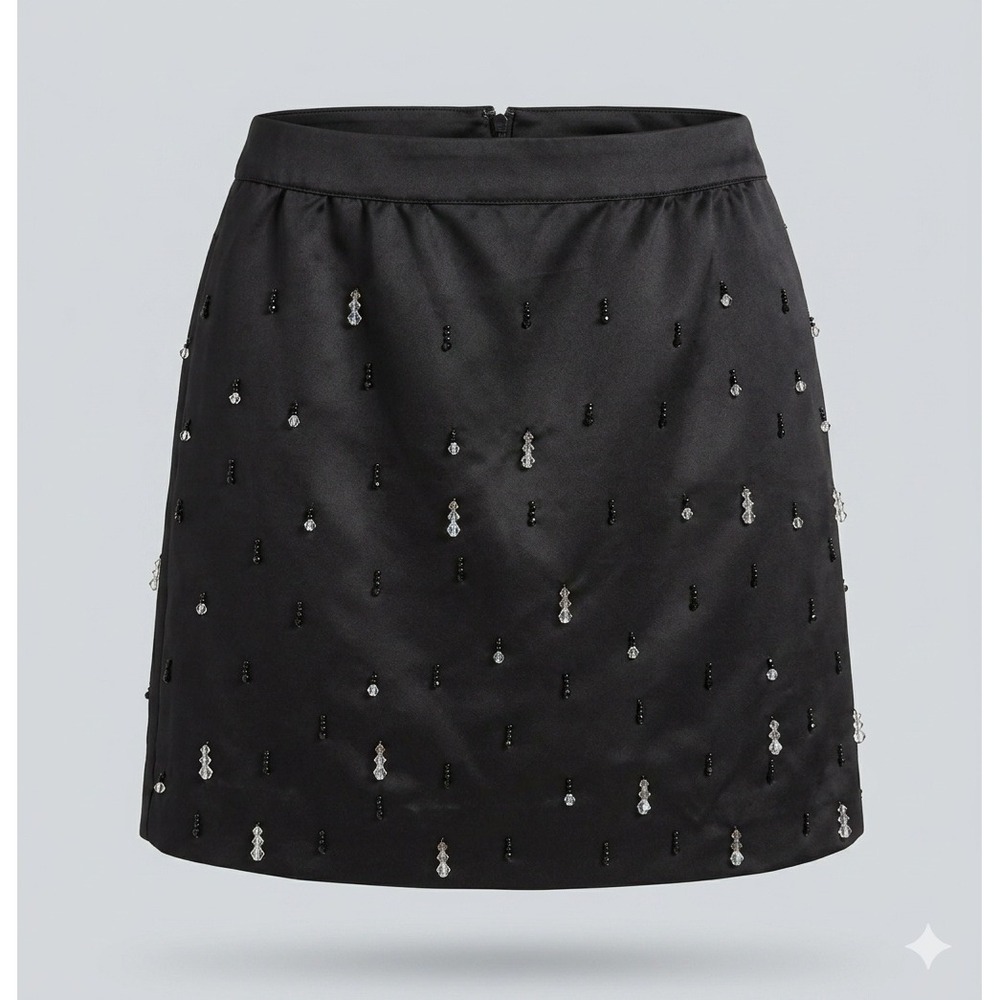 NEW Free Assembly Black Satin Beaded Mini Skirt Pockets 12 L Short Glam Party